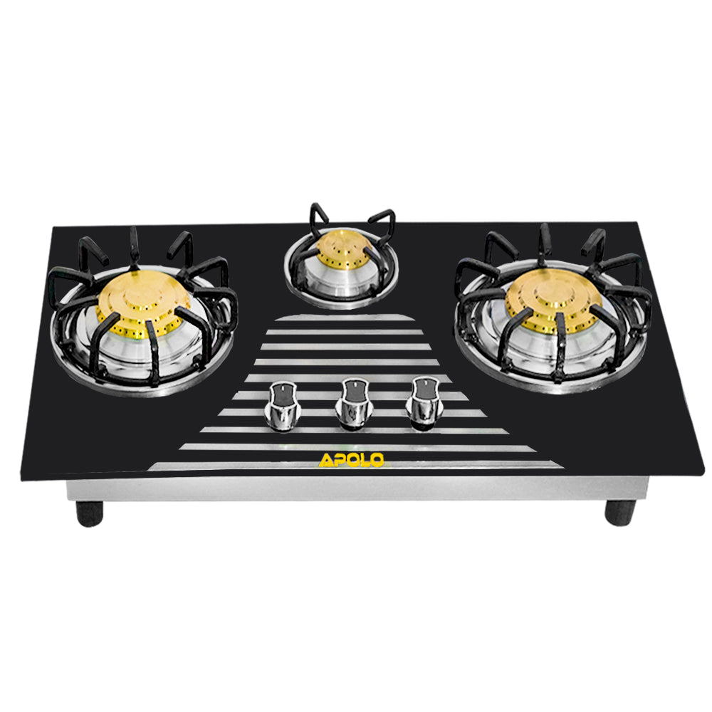 APOLO Manual Stove / Hob - Model 315 - Pure Brass Burner - 3 Burner - Heavy Duty - 100% Pure Stainless Steel Top