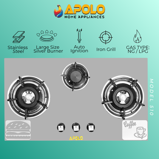 Model 510 - 3 Burner - Automatic Hob / Stove - 100% Pure Stainless Steel Top