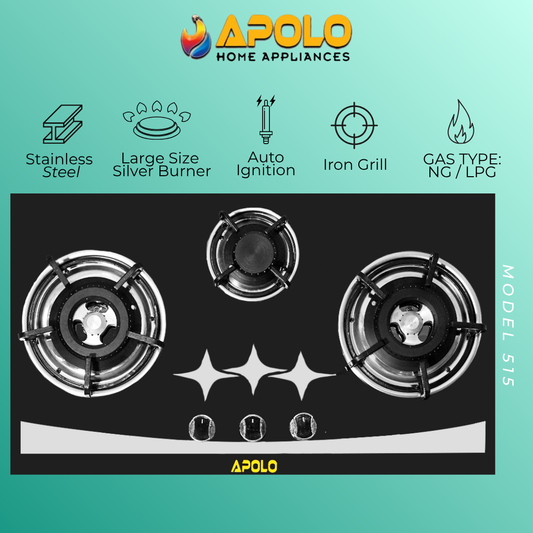 Model 515 - 3 Burner - Automatic Hob / Stove - 100% Pure Stainless Steel Top