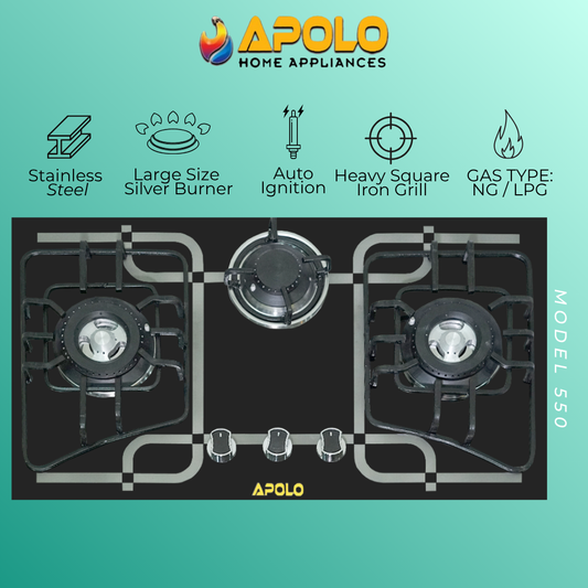 Model 550 - 3 Burner - Automatic Hob / Stove - 100% Pure Stainless Steel Top