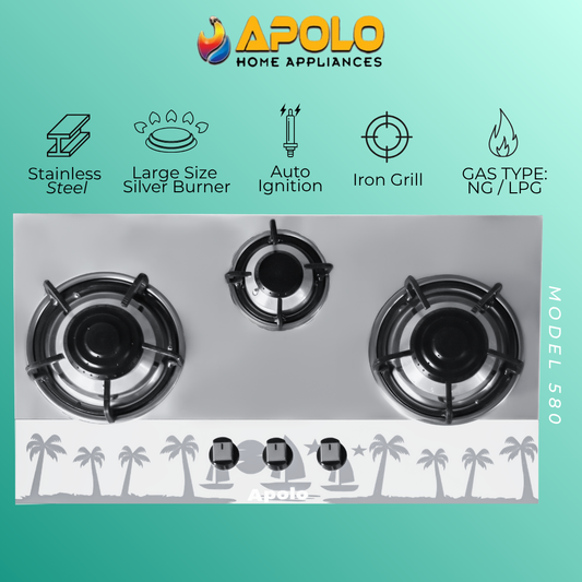 Model 580 - 3 Burner - Automatic Hob / Stove - 100% Pure Stainless Steel Top