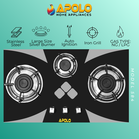 Model 584 - 3 Burner - Automatic Hob / Stove  - 100% Pure Stainless Steel Top