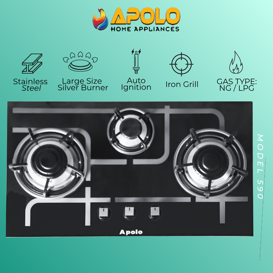 Model 590 - 3 Burner - Automatic Hob / Stove - 100% Pure Stainless Steel Top
