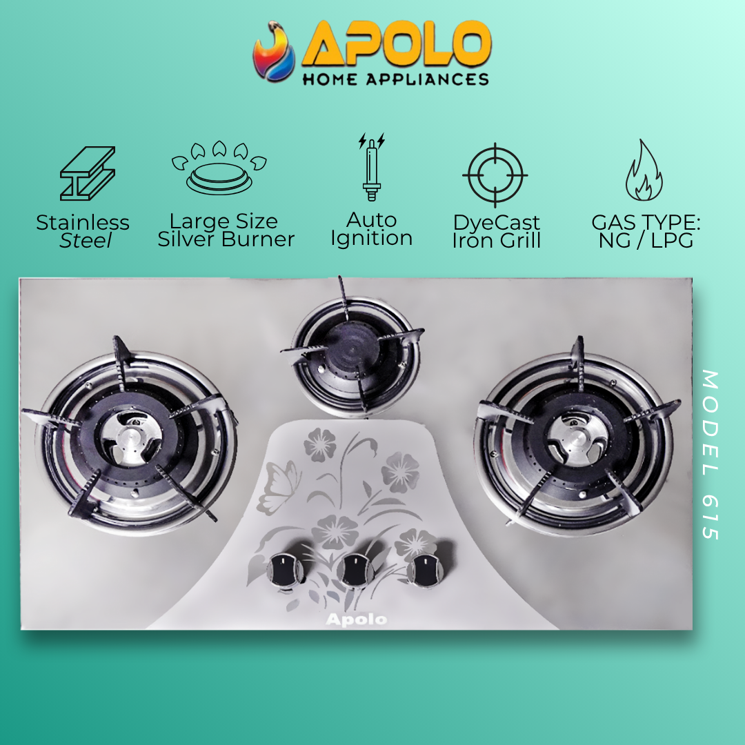 Model 615 - 3 Burner - Automatic Hob / Stove - 100% Pure Stainless Steel Top