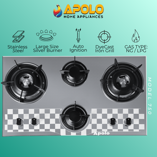 Model 750 - 4 Burner - Automatic Hob / Stove - 100% Pure Stainless Steel Top