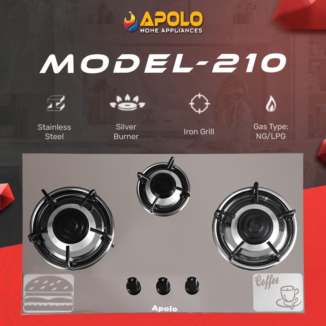 APOLO Manual Stove / Hob - Model 210 - 3 Burner - 100% Pure Stainless Steel Top