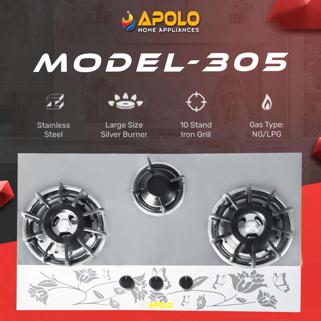 APOLO Manual Stove / Hob - Model 305 - 3 Burner - 100% Pure Stainless Steel Top