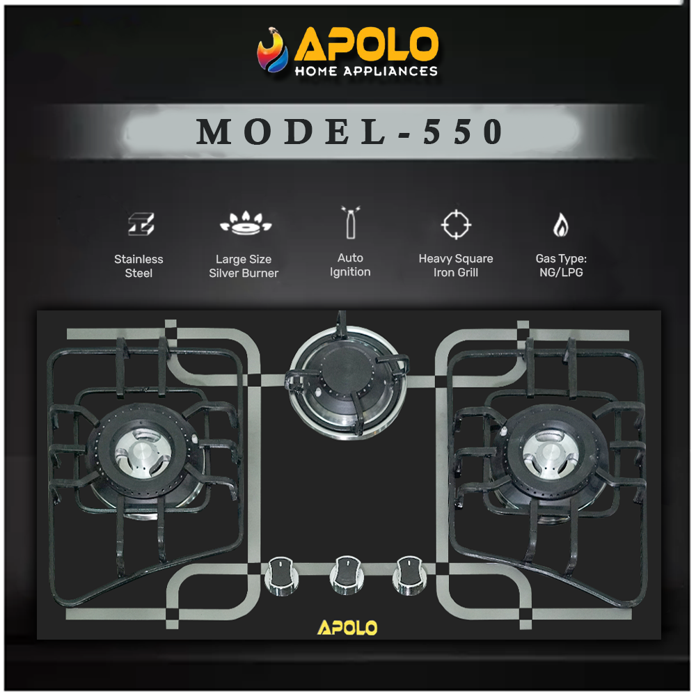 APOLO Automatic Hob - Model 550 - 3 Burner - 100% Pure Stainless Steel Top