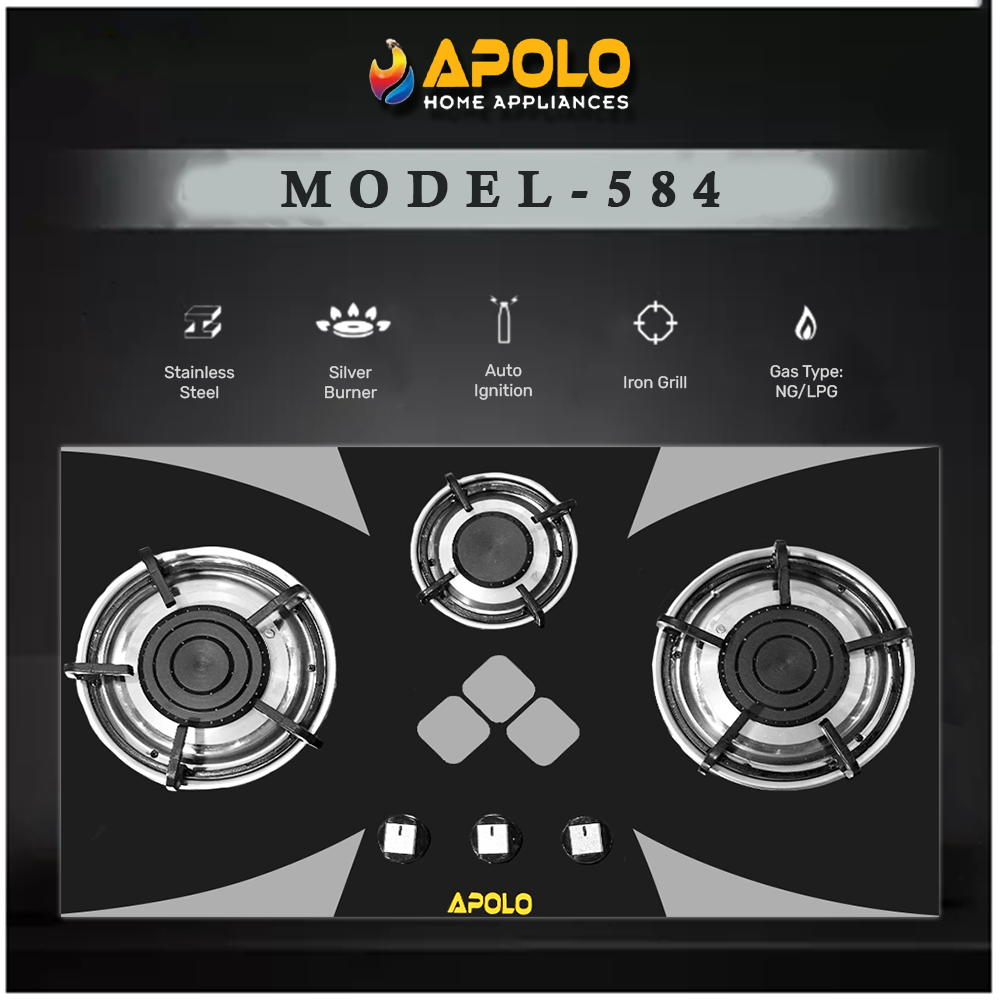 APOLO Automatic Hob - Model 584 - 3 Burner - Auto Ignition - 100% Pure Stainless Steel Top