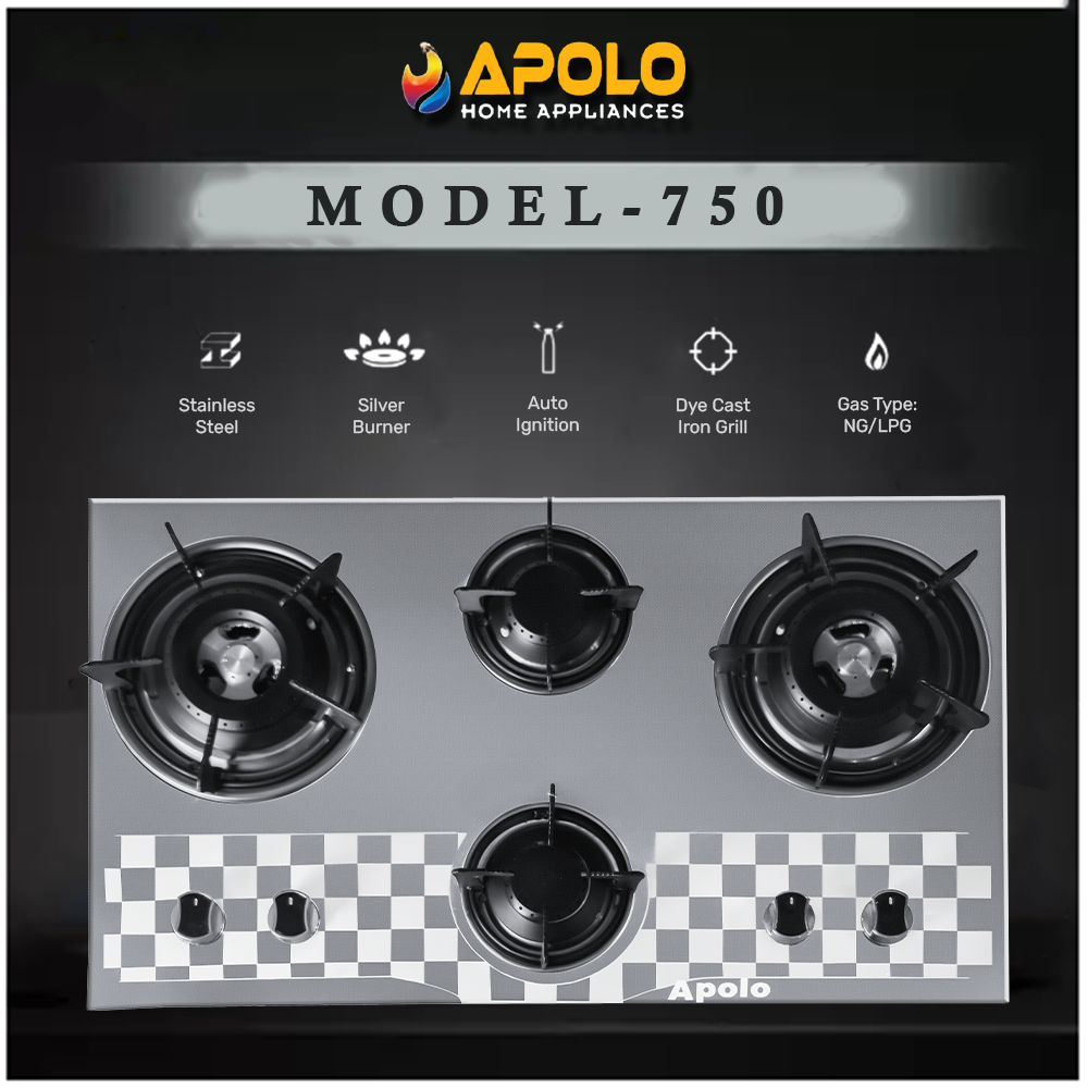 APOLO Automatic Hob - Model 750 - 4 Burner Auto Ignition - 100% Pure Stainless Steel Top