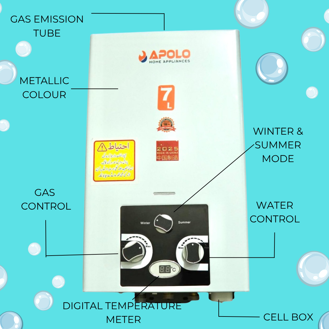 APOLO 7 Litre Instant Gas Water Heater - 100% Imported China Fitted Geyser - NG & LPG Geyser - AP 01