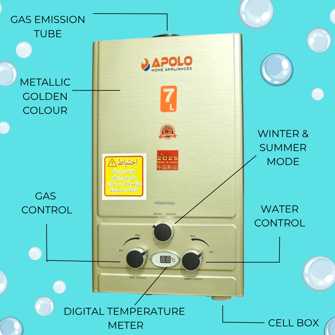 APOLO 7 Litre Instant Gas Water Heater - 100% Imported China Fitted Geyser - NG & LPG Geyser - AP 02