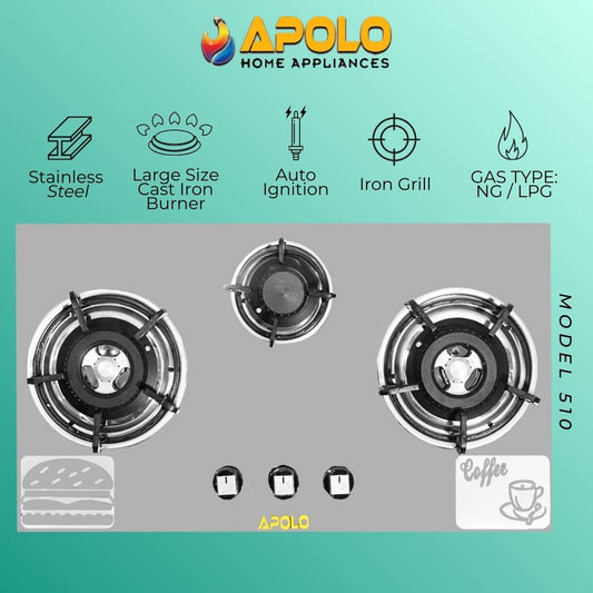 Model 510 - 3 Burner - Automatic Hob / Stove - 100% Pure Stainless Steel Top