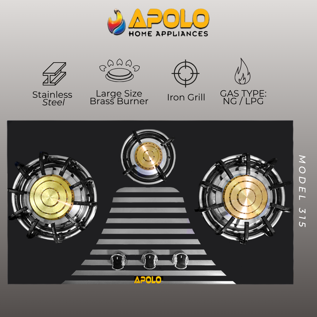 Model 315 - Pure Brass Burner - 3 Burner - Manual Hob / Stove - 100% Pure Stainless Steel Top