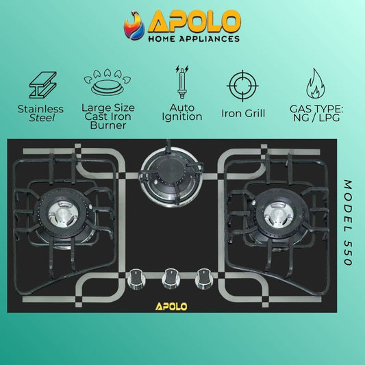 Model 550 - 3 Burner - Automatic Hob / Stove - 100% Pure Stainless Steel Top