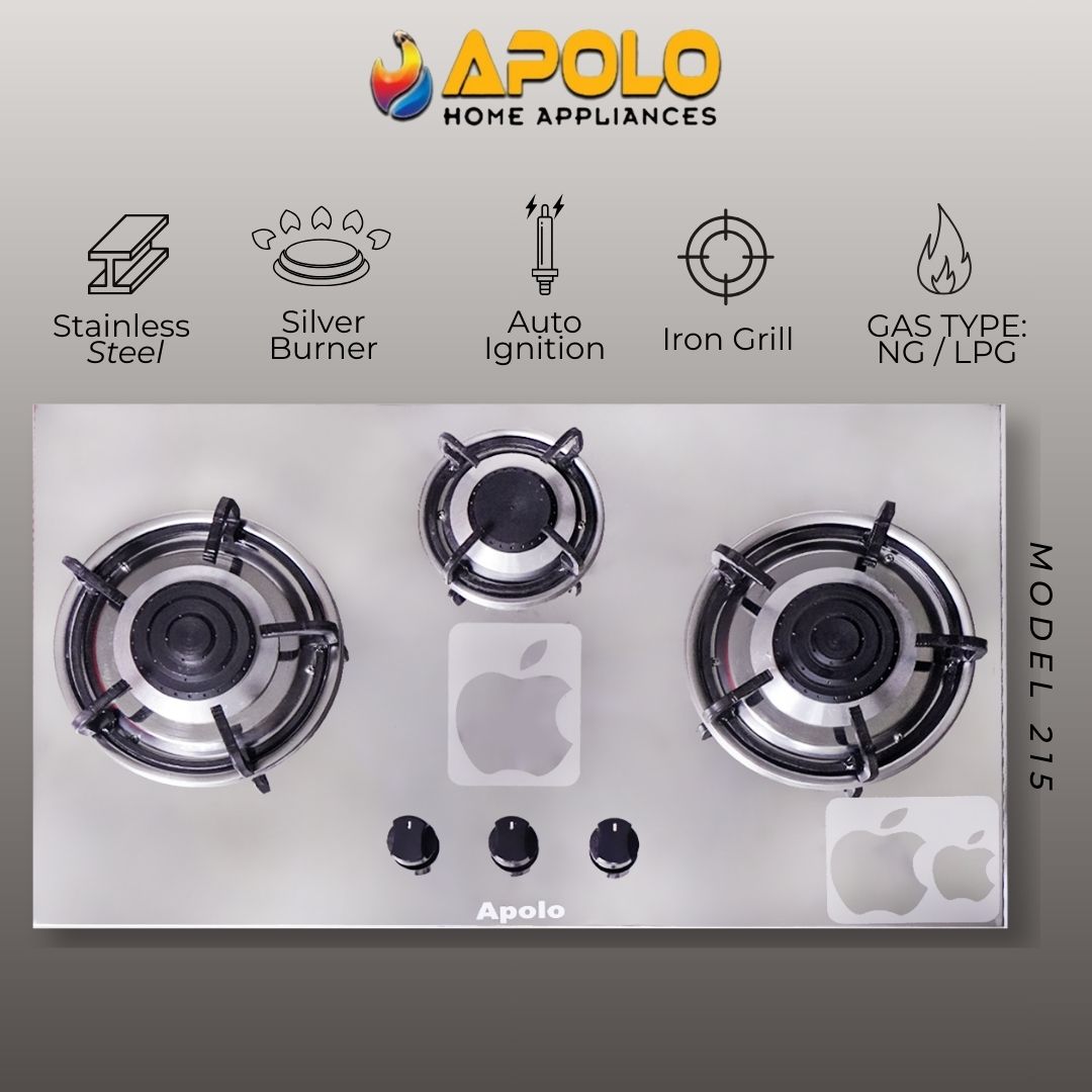Model 215 - 3 Burner - Manual Hob / Stove - 100% Pure Stainless Steel Top