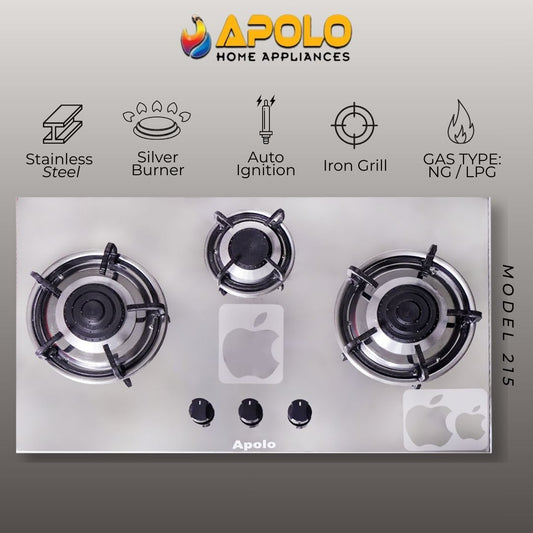 Model 215 - 3 Burner - Manual Hob / Stove - 100% Pure Stainless Steel Top