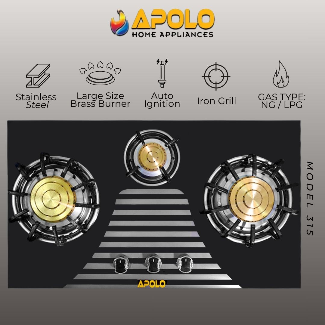 Model 315 - Pure Brass Burner - 3 Burner - Manual Hob / Stove - 100% Pure Stainless Steel Top