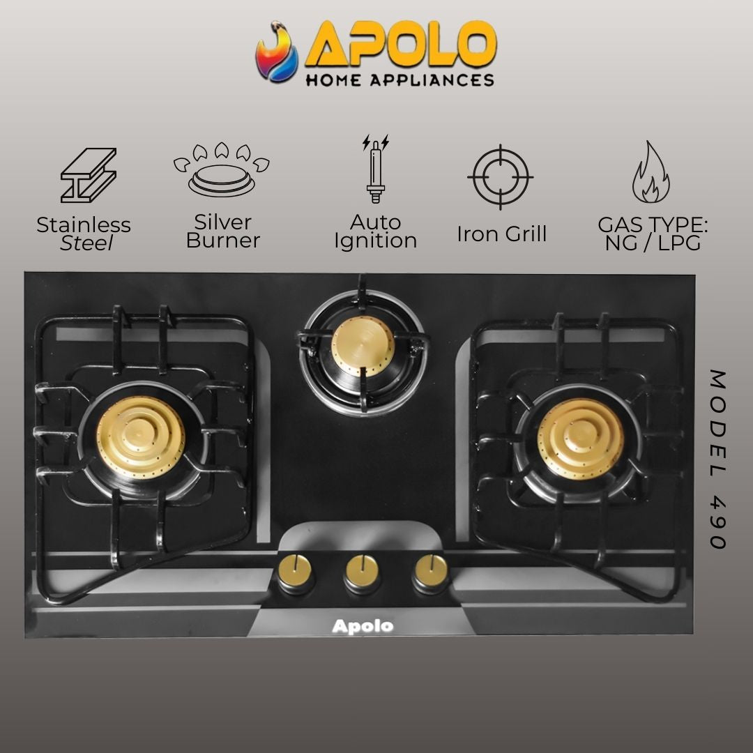 Model 490 - 3 Burner - Manual Hob / Stove - 100% Pure Stainless Steel Top