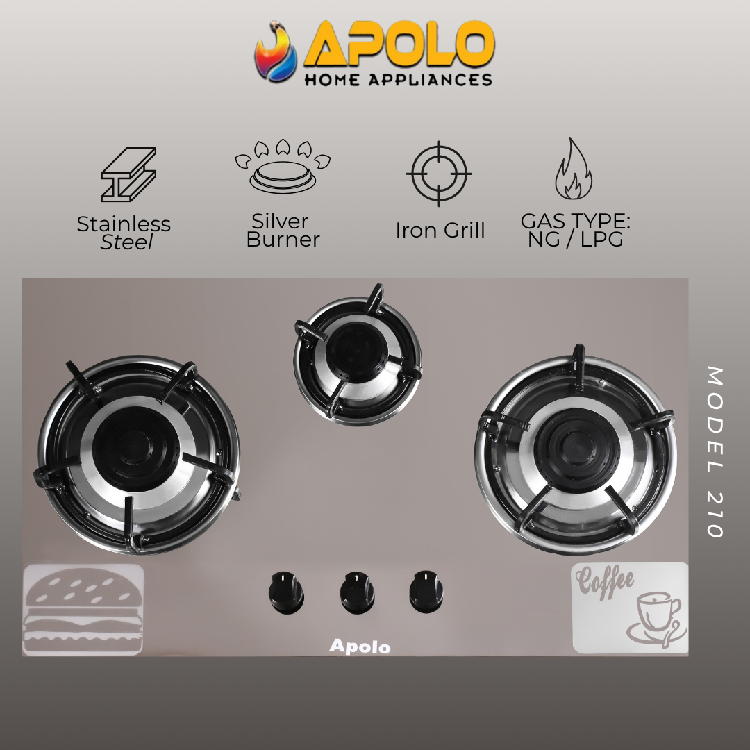 Model 210 - 3 Burner - Manual Hob / Stove - 100% Pure Stainless Steel Top
