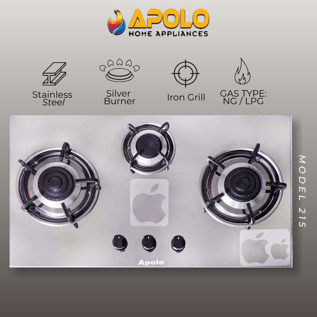Model 215 - 3 Burner - Manual Hob / Stove - 100% Pure Stainless Steel Top