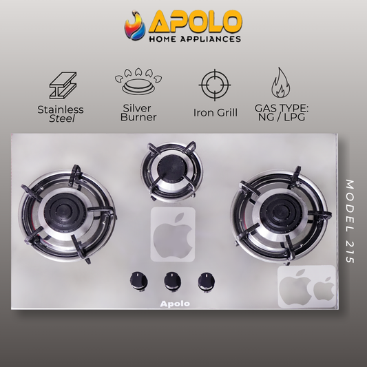 Model 215 - 3 Burner - Manual Hob / Stove - 100% Pure Stainless Steel Top