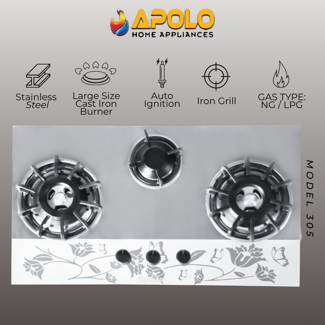 Model 305 - 3 Burner - Manual Hob / Stove - 100% Pure Stainless Steel Top