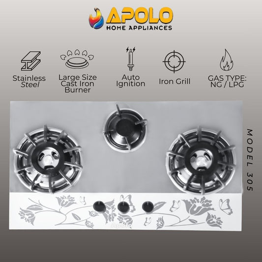 Model 305 - 3 Burner - Manual Hob / Stove - 100% Pure Stainless Steel Top