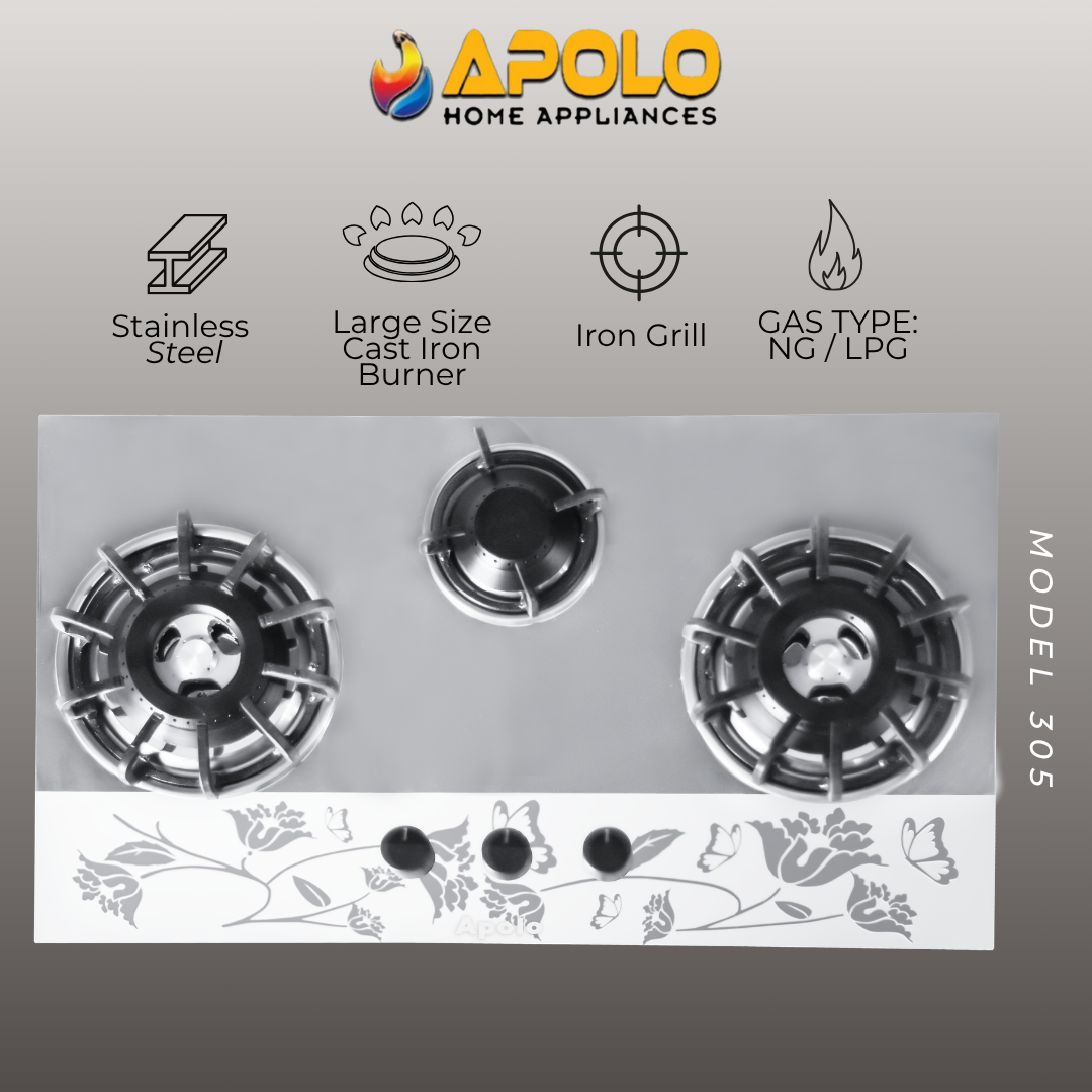 Model 305 - 3 Burner - Manual Hob / Stove - 100% Pure Stainless Steel Top