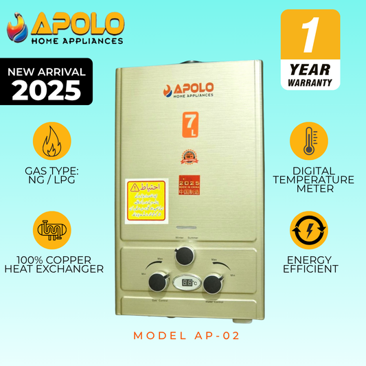 APOLO 7 Litre Instant Gas Water Heater - 100% Imported China Fitted Geyser - NG & LPG Geyser - AP 02