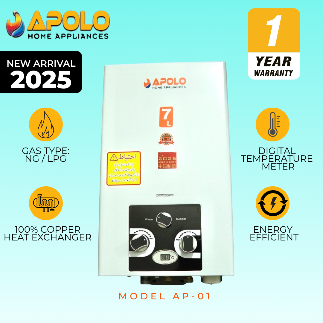 APOLO 7 Litre Instant Gas Water Heater - 100% Imported China Fitted Geyser - NG & LPG Geyser - AP 01