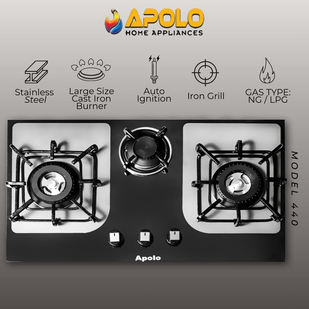 Model 440 - 3 Burner - Manual Hob / Stove - 100% Pure Stainless Steel Top