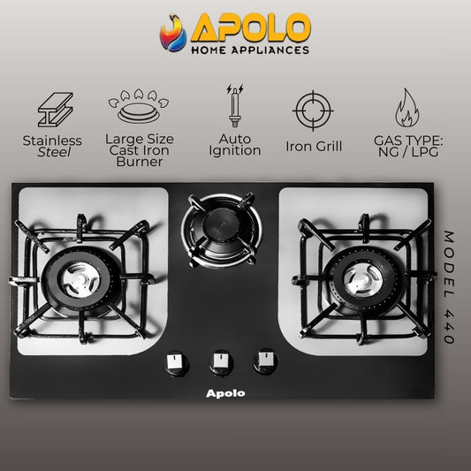 Model 440 - 3 Burner - Manual Hob / Stove - 100% Pure Stainless Steel Top