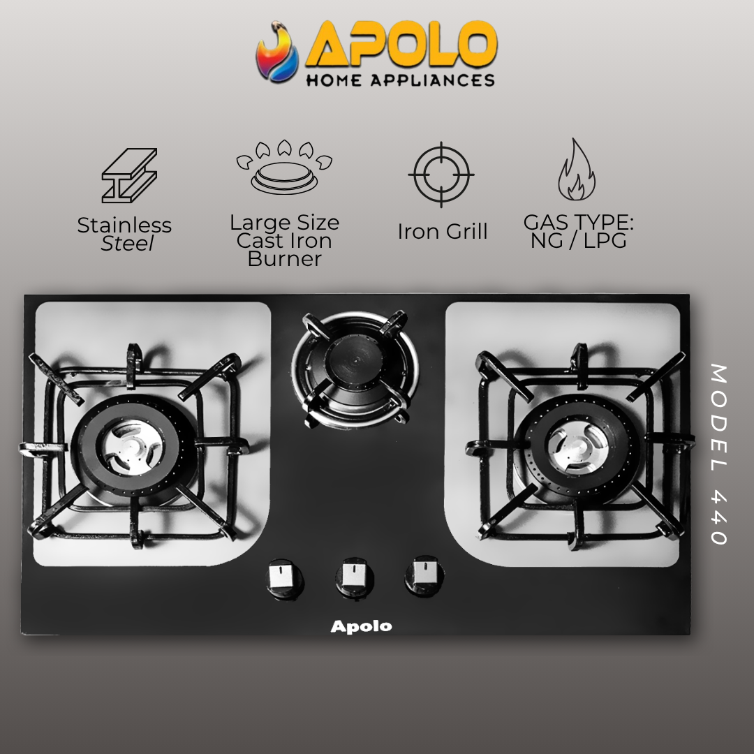 Model 440 - 3 Burner - Manual Hob / Stove - 100% Pure Stainless Steel Top