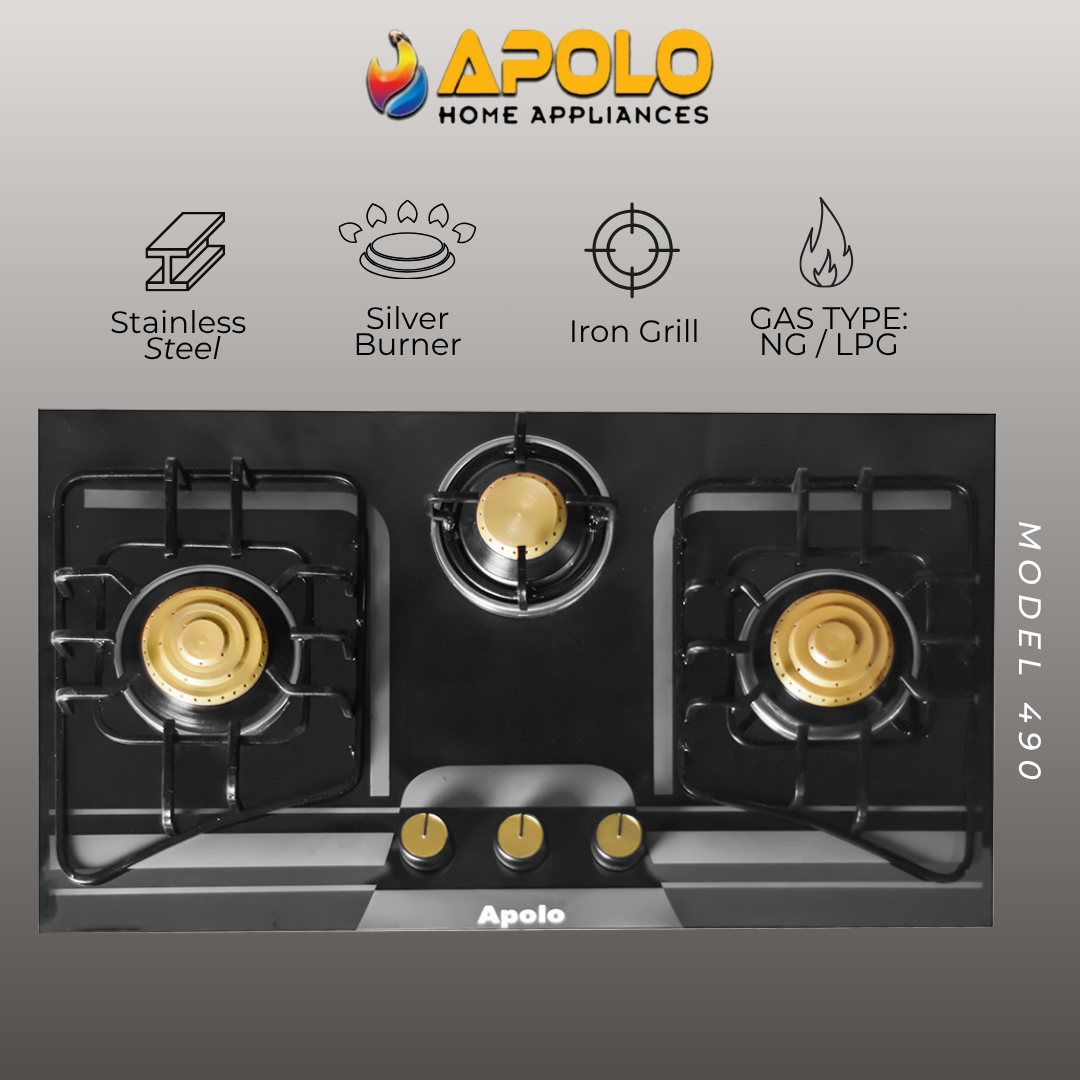 Model 490 - 3 Burner - Manual Hob / Stove - 100% Pure Stainless Steel Top