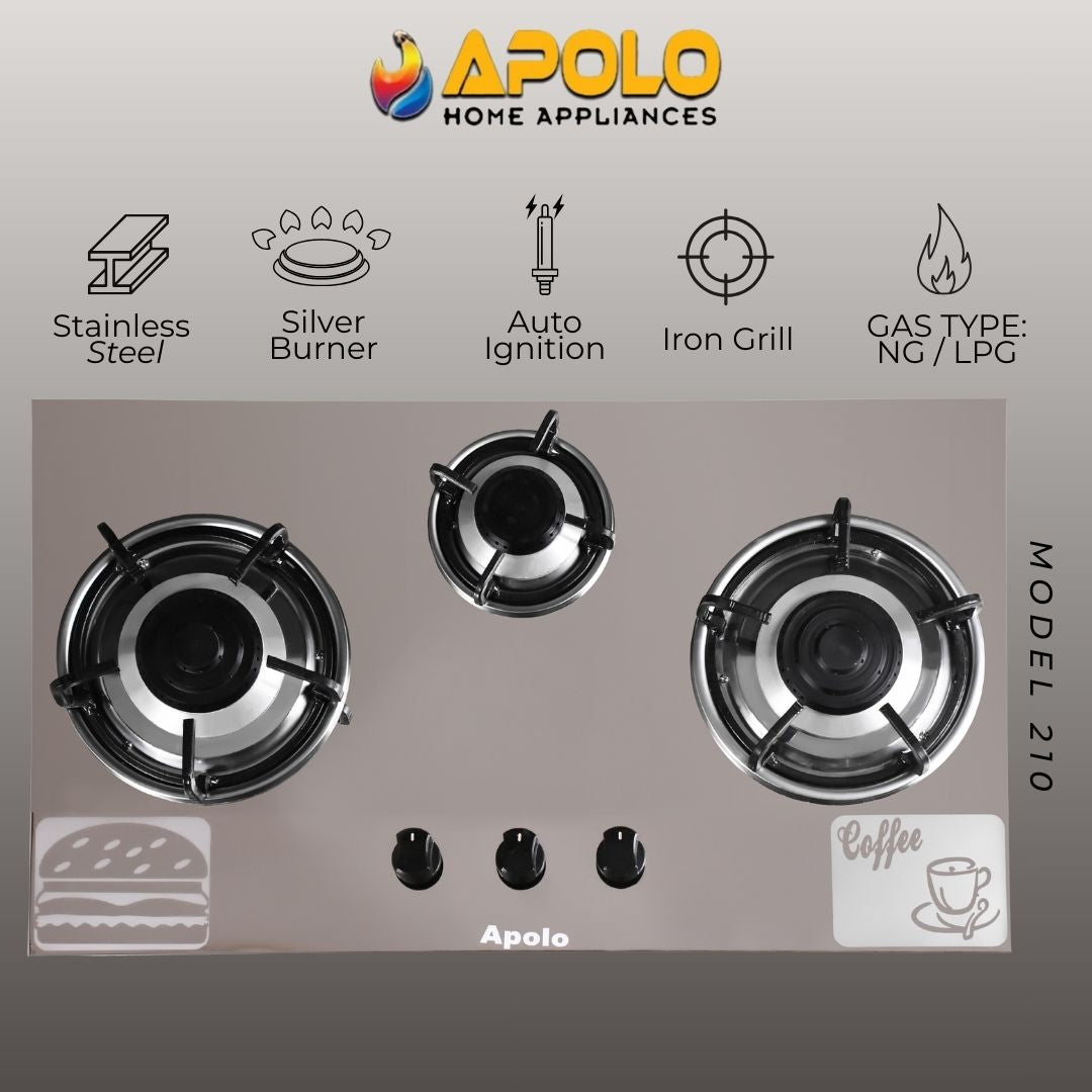 Model 210 - 3 Burner - Manual Hob / Stove - 100% Pure Stainless Steel Top