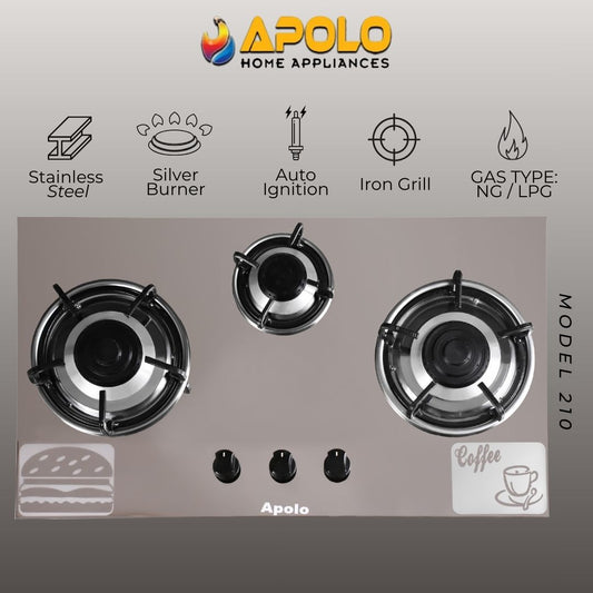 Model 210 - 3 Burner - Manual Hob / Stove - 100% Pure Stainless Steel Top