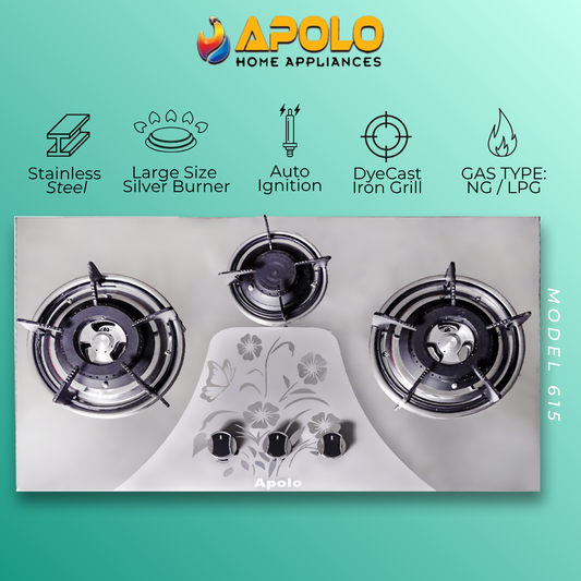 Model 615 - 3 Burner - Automatic Hob / Stove - 100% Pure Stainless Steel Top