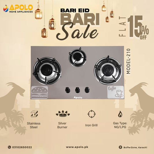 APOLO Manual Stove / Hob - Model 210 - 3 Burner - 100% Pure Stainless Steel Top