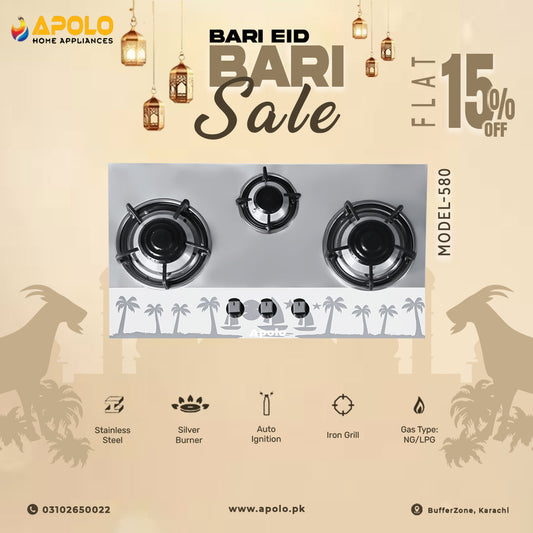 APOLO Automatic Hob - Model 580 - 3 Burner - Auto Ignition Stove - 100% Pure Stainless Steel Top