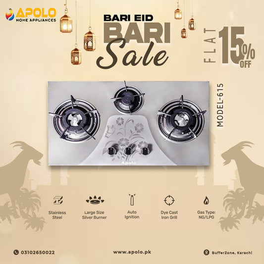 APOLO Automatic Hob - Model 615 - 3 Burner - Auto Ignition Stove - 100% Pure Stainless Steel Top