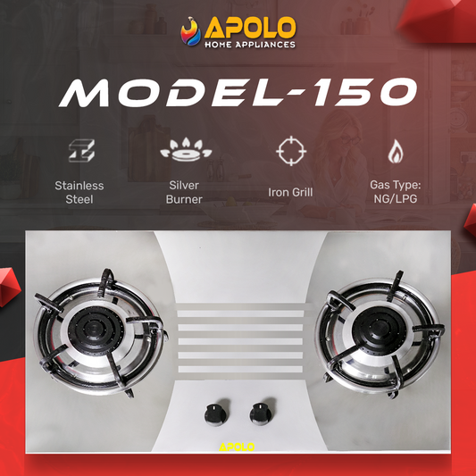 APOLO Manual Stove / Hob - Model 150 - 2 Burner - 100% Pure Stainless Steel Top