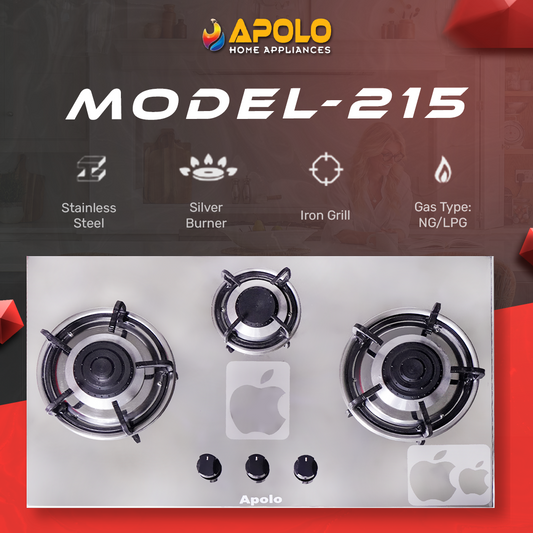 APOLO Manual Stove / Hob - Model 215 - 3 Burner - 100% Pure Stainless Steel Top
