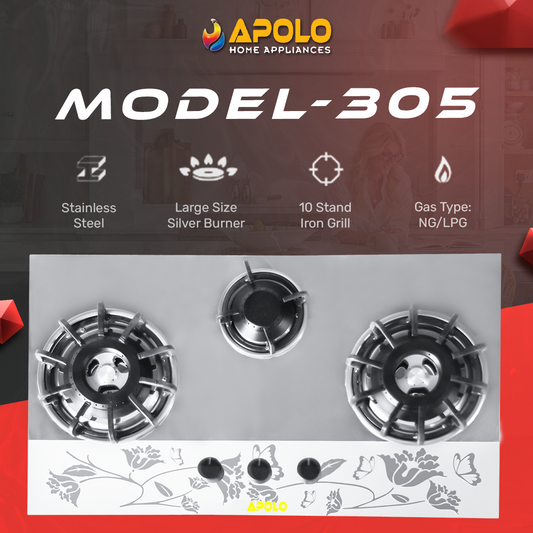 APOLO Manual Stove / Hob - Model 305 - 3 Burner - 100% Pure Stainless Steel Top