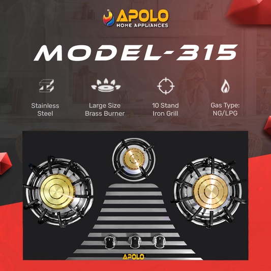APOLO Manual Stove / Hob - Model 315 - Pure Brass Burner - 3 Burner - Heavy Duty - 100% Pure Stainless Steel Top