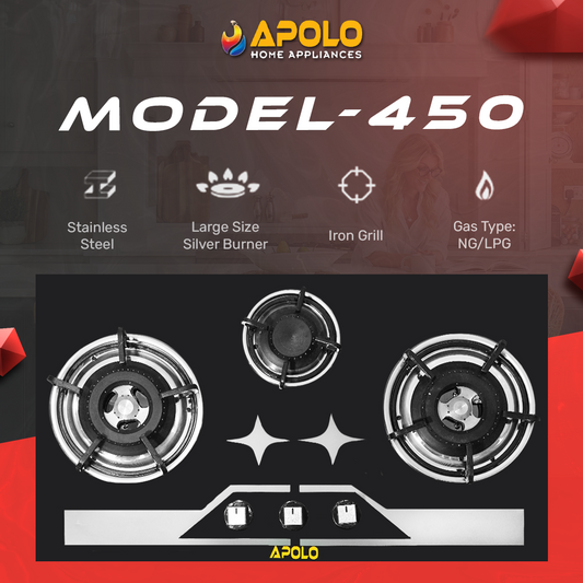 APOLO Manual Stove / Hob - Model 450 - 3 Burner - 100% Pure Stainless Steel Top
