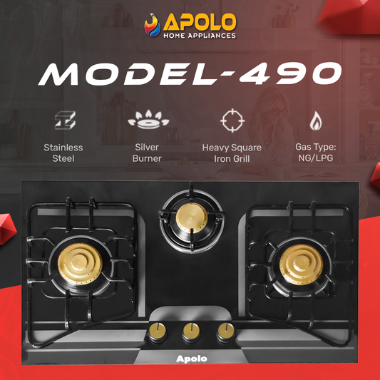 APOLO Manual Stove / Hob - Model 490 - 3 Burner - Heavy Duty - 100% Pure Stainless Steel Top