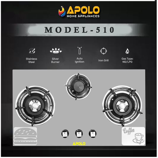 APOLO Automatic Hob - Model 510 - 3 Burner Auto Ignition Stove - 100% Pure Stainless Steel Top
