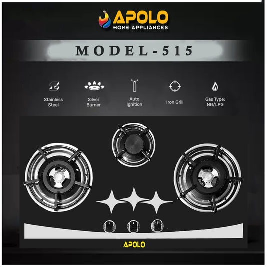 APOLO Automatic Hob - Model 515 - 3 Burner - 100% Pure Stainless Steel Top