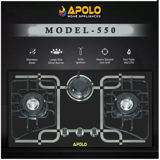 APOLO Automatic Hob - Model 550 - 3 Burner - 100% Pure Stainless Steel Top